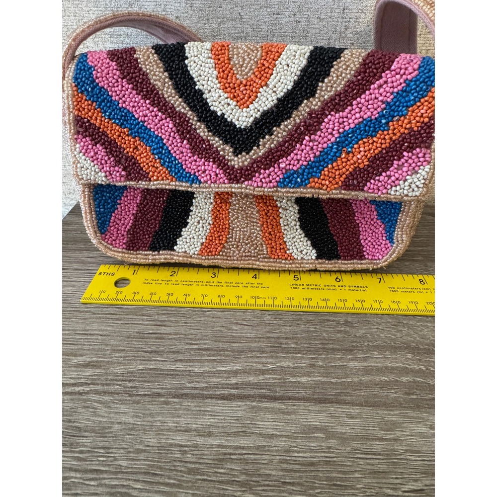 America & Beyond Soho Tan Tufted Beaded Shoulder Bag Multicolor Rainbow NWOT - Picture 11 of 13